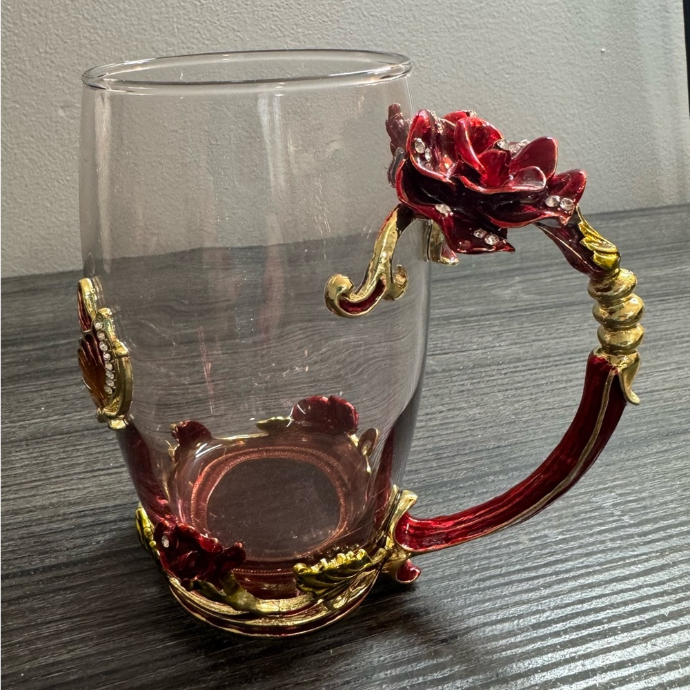 ARC of France Glass Mug Butterfly & Flower Jeweled/ Enamel Accents